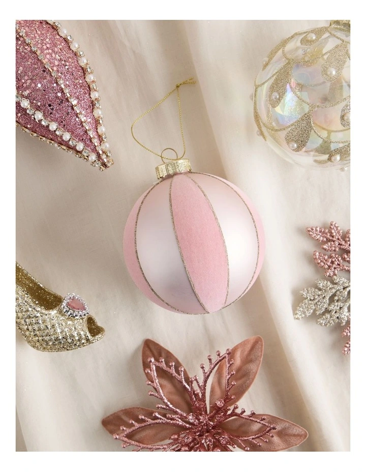 Luxe Christmas Glass Flocked Striped Bauble 8cm in Pink image 3