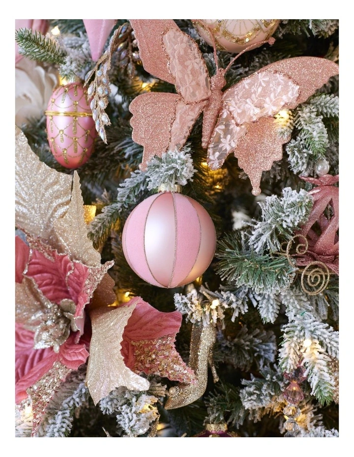 Luxe Christmas Glass Flocked Striped Bauble 8cm in Pink image 3