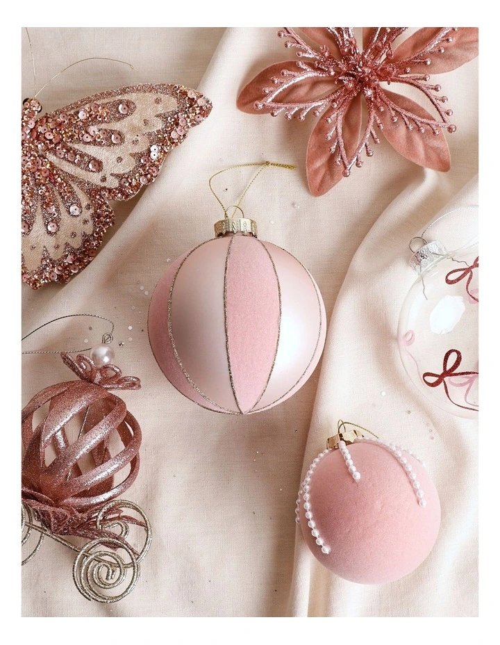 Luxe Christmas Glass Flocked Striped Bauble 8cm in Pink image 4
