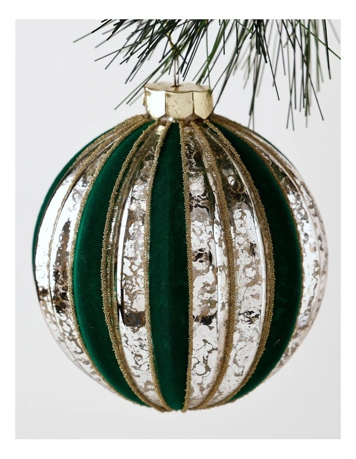 Heirloom Christmas Glass Mercurised Striped Bauble withFlocking 8cm in Green image 2