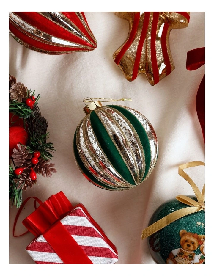Heirloom Christmas Glass Mercurised Striped Bauble withFlocking 8cm in Green image 3