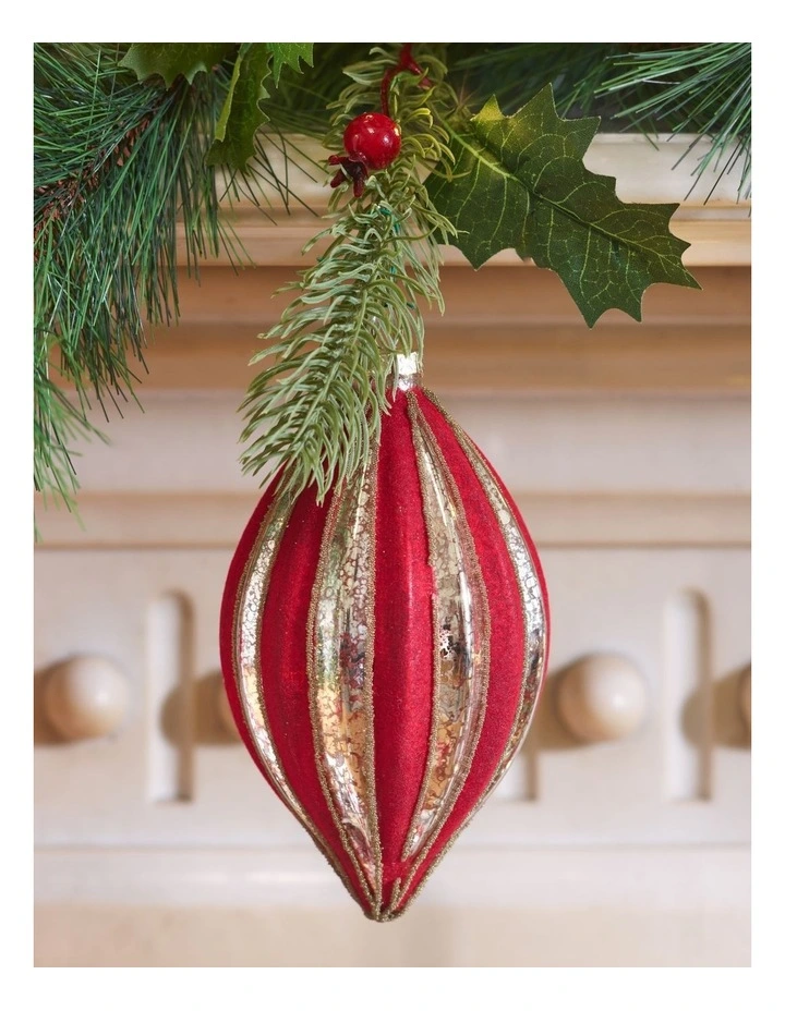 Heirloom Christmas Glass Mercurised Striped Finial withFlocking 14cm in Red image 3