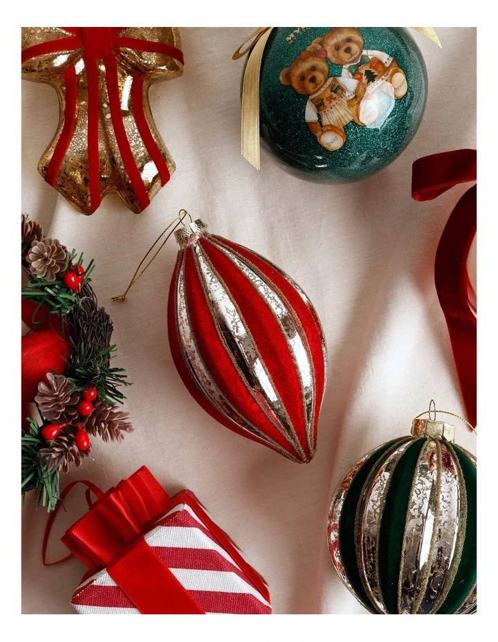 Heirloom Christmas Glass Mercurised Striped Finial withFlocking 14cm in Red image 4