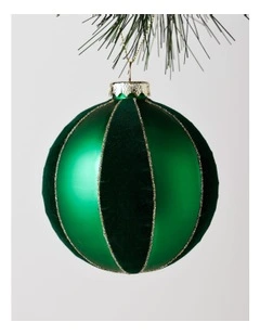 Heirloom Christmas Glass Flocked Striped Bauble 10cm in Green
