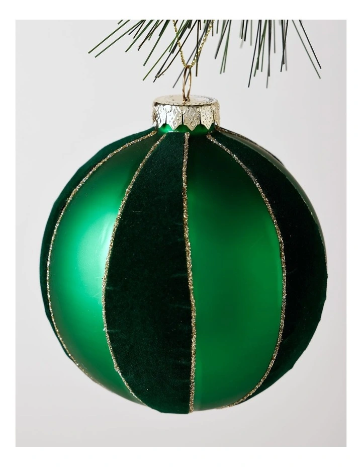 Heirloom Christmas Glass Flocked Striped Bauble 10cm in Green image 2