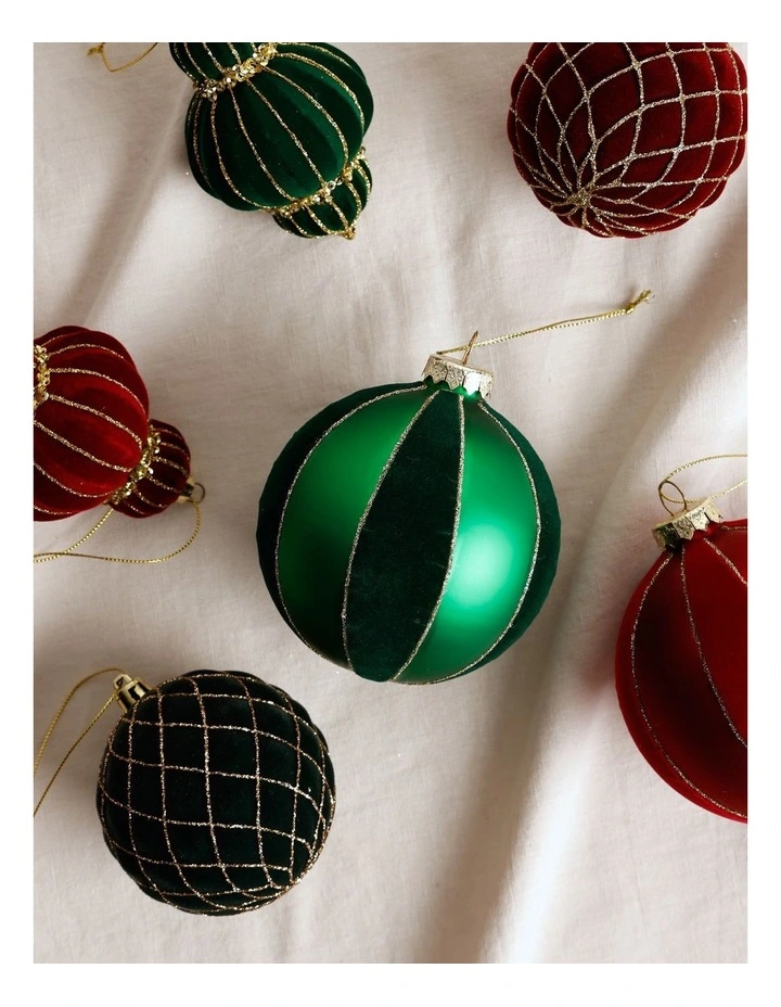 Heirloom Christmas Glass Flocked Striped Bauble 10cm in Green image 3