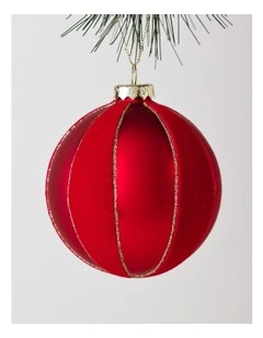 Heirloom Christmas Glass Flocked Striped Bauble 10cm in Red