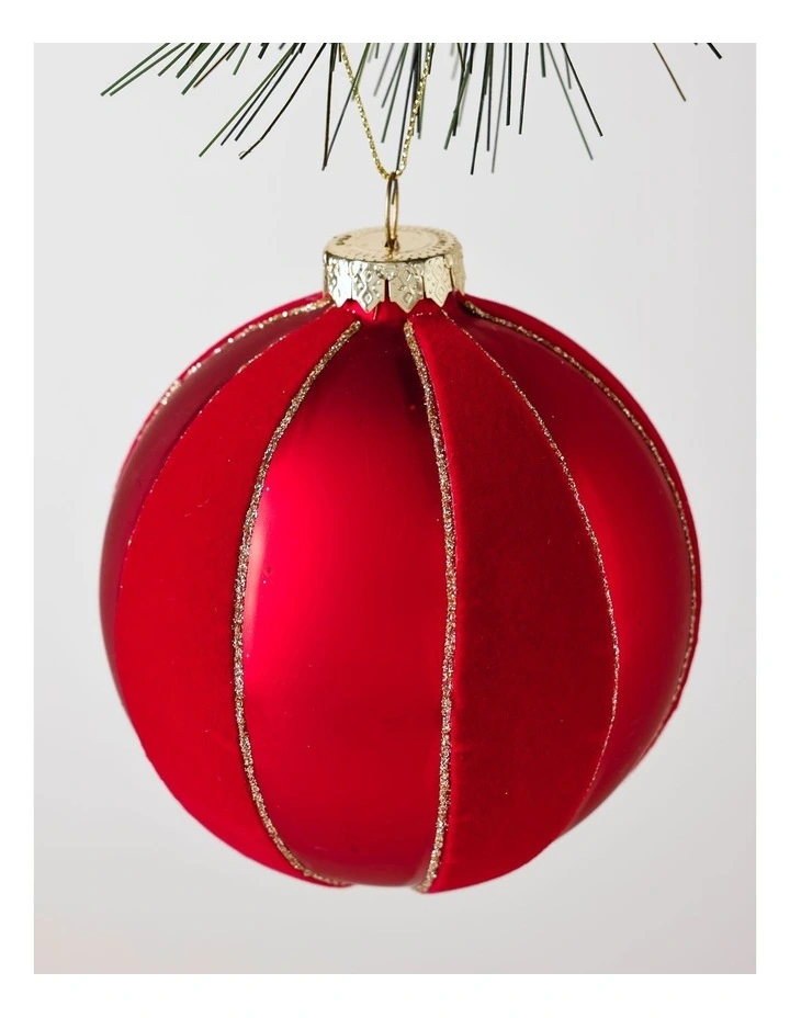 Heirloom Christmas Glass Flocked Striped Bauble 10cm in Red image 2