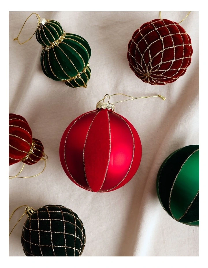 Heirloom Christmas Glass Flocked Striped Bauble 10cm in Red image 3