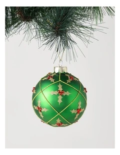 Heirloom Christmas Glass Holly Pattern Bauble 10cm in Green