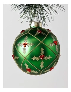 Heirloom Christmas Glass Holly Pattern Bauble 10cm in Green