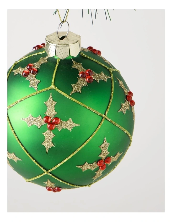 Heirloom Christmas Glass Holly Pattern Bauble 10cm in Green image 2