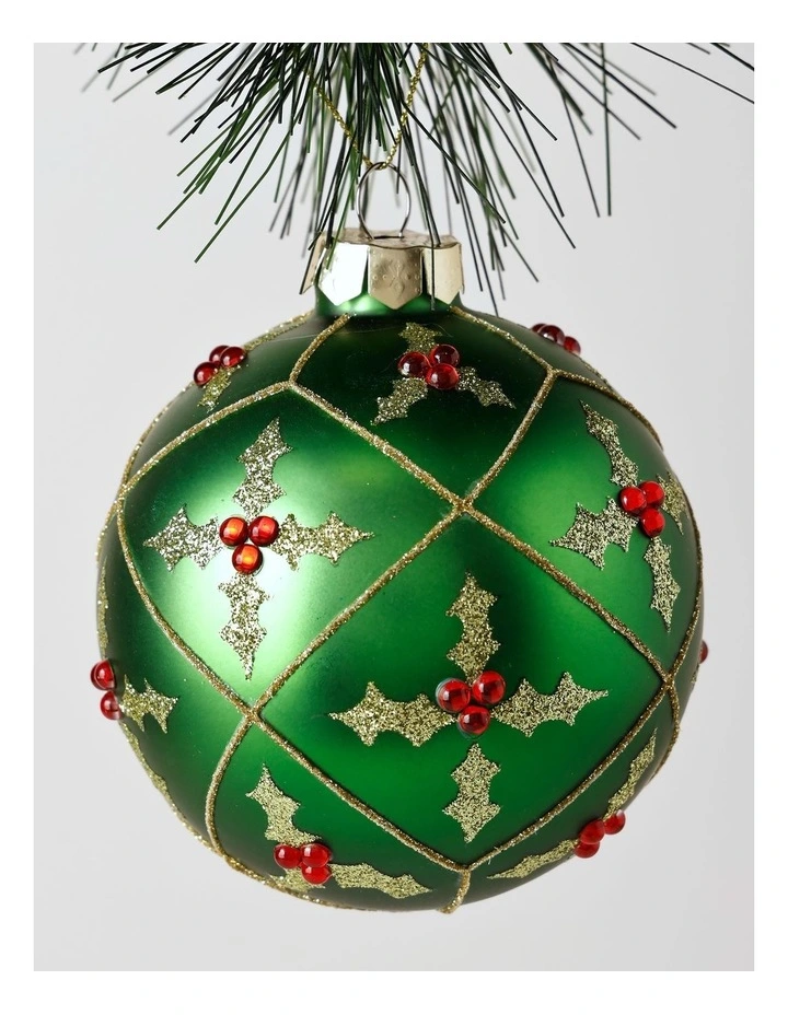 Heirloom Christmas Glass Holly Pattern Bauble 10cm in Green image 2