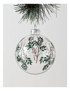 Eucalyptus Christmas Glass Decal Wrapped Bauble 10cm in White/Green