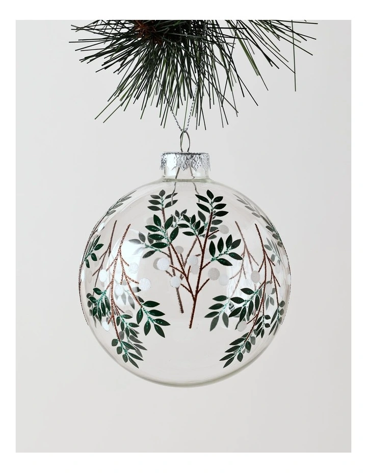 Eucalyptus Christmas Glass Decal Wrapped Bauble 10cm in White/Green image 1