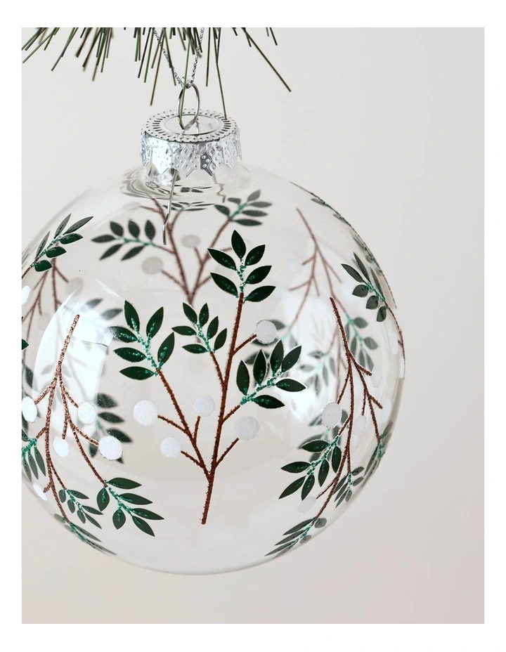 Eucalyptus Christmas Glass Decal Wrapped Bauble 10cm in White/Green image 2