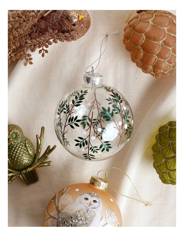 Eucalyptus Christmas Glass Decal Wrapped Bauble 10cm in White/Green image 3