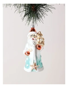 Eucalyptus Christmas Glass Coastal Santa Ornament 12cm in Blue/White