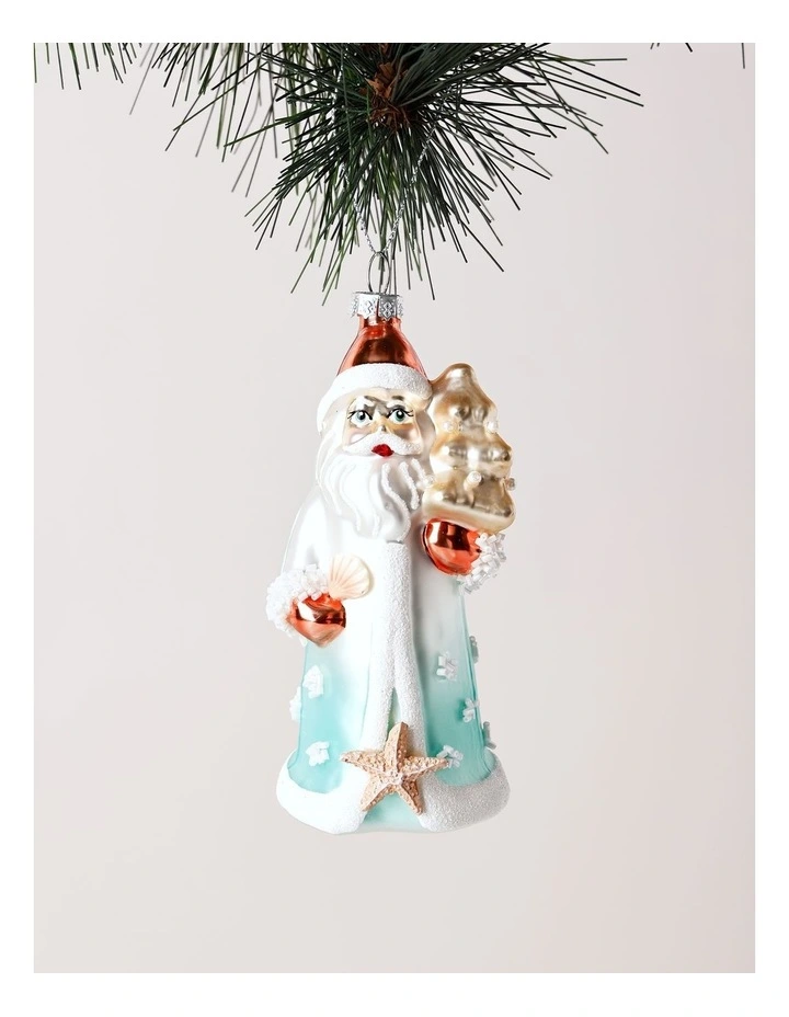 Eucalyptus Christmas Glass Coastal Santa Ornament 12cm in Blue/White image 1