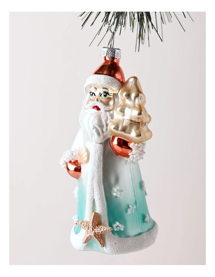 Eucalyptus Christmas Glass Coastal Santa Ornament 12cm in Blue/White image 2