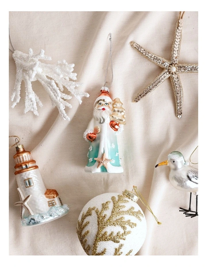 Eucalyptus Christmas Glass Coastal Santa Ornament 12cm in Blue/White image 4