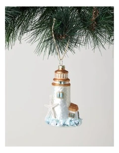 Eucalyptus Christmas Glass Lighthouse Ornament 11cm in White