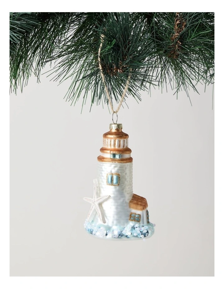 Eucalyptus Christmas Glass Lighthouse Ornament 11cm in White image 1