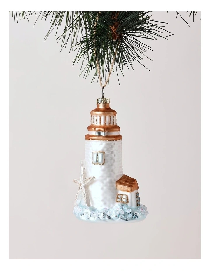 Eucalyptus Christmas Glass Lighthouse Ornament 11cm in White image 1
