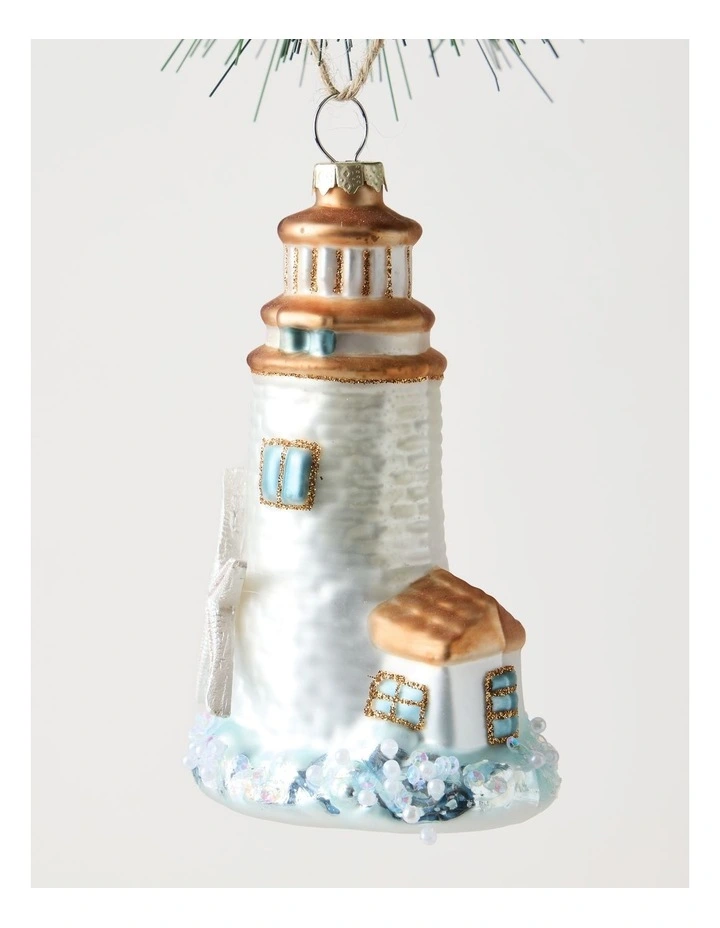 Eucalyptus Christmas Glass Lighthouse Ornament 11cm in White image 2