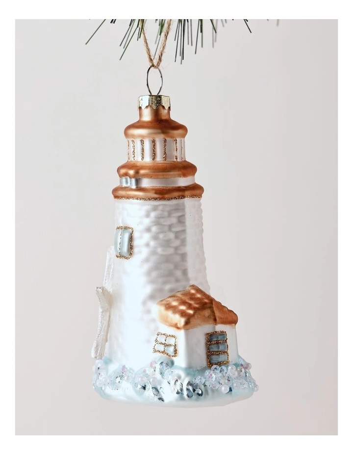 Eucalyptus Christmas Glass Lighthouse Ornament 11cm in White image 2