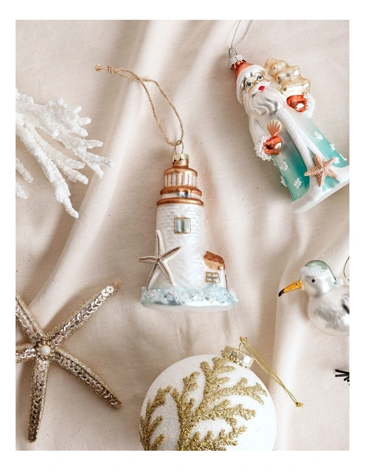 Eucalyptus Christmas Glass Lighthouse Ornament 11cm in White image 4