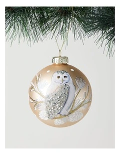 Harvest Christmas Glass Owl Detail Bauble 10cm in Beige