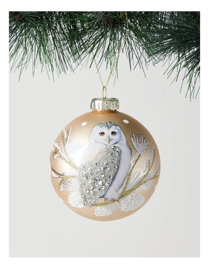 Harvest Christmas Glass Owl Detail Bauble 10cm in Beige image 1