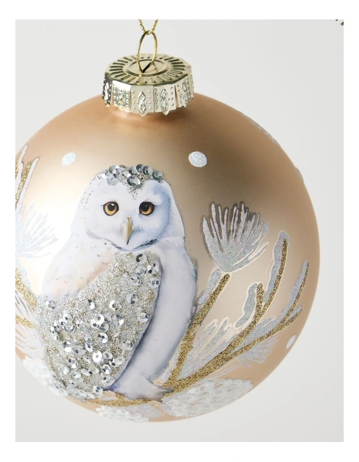 Harvest Christmas Glass Owl Detail Bauble 10cm in Beige image 2