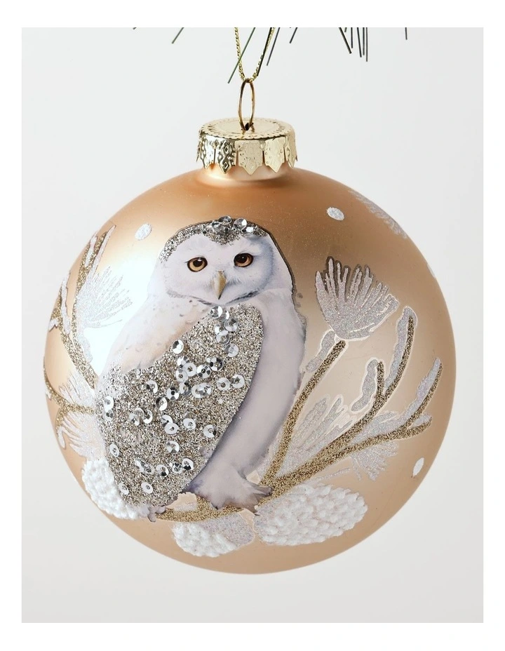 Harvest Christmas Glass Owl Detail Bauble 10cm in Beige image 2