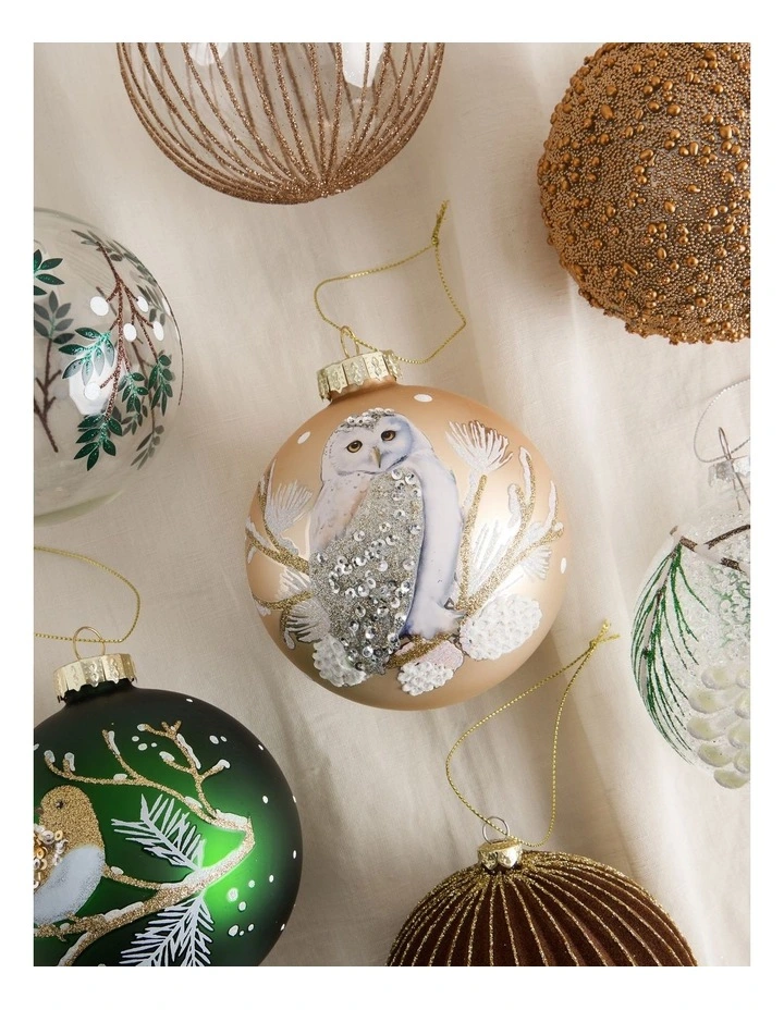 Harvest Christmas Glass Owl Detail Bauble 10cm in Beige image 3