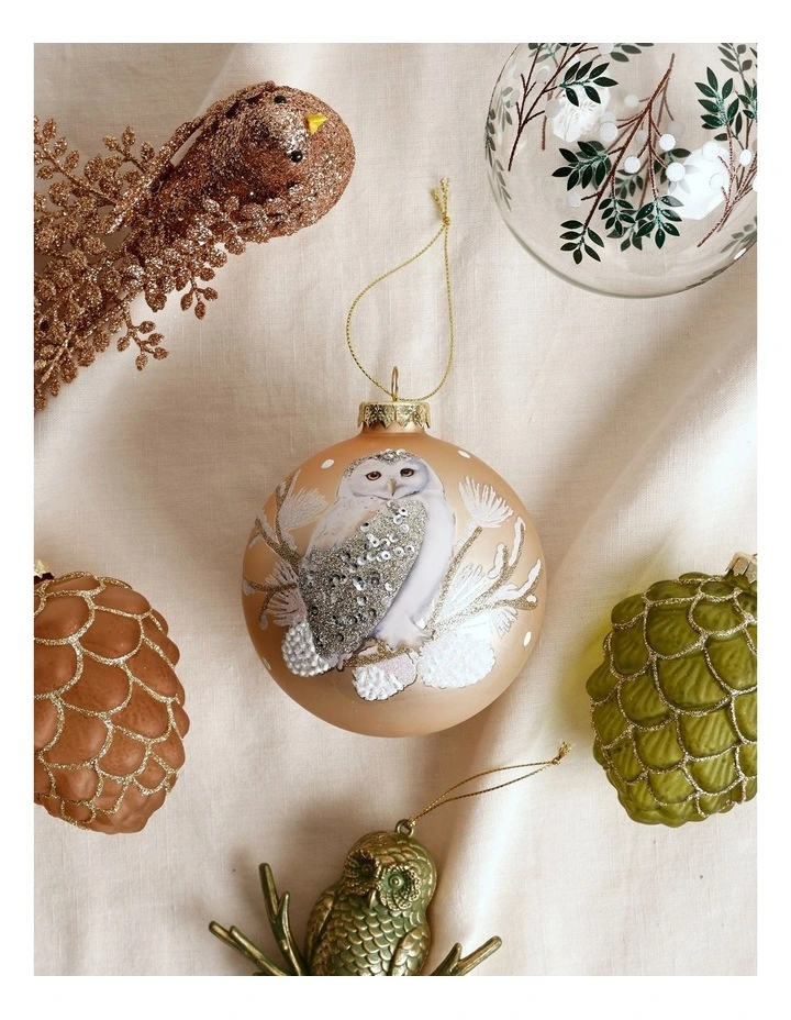 Harvest Christmas Glass Owl Detail Bauble 10cm in Beige image 3
