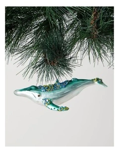 Eucalyptus Christmas Glass Whale Ornament with Sequins 5cm in Blue