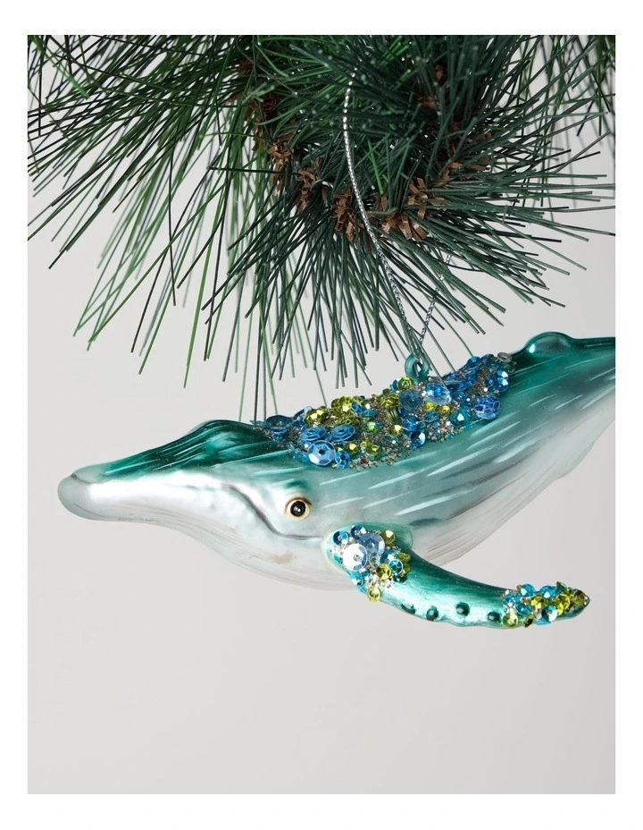 Eucalyptus Christmas Glass Whale Ornament with Sequins 5cm in Blue image 2