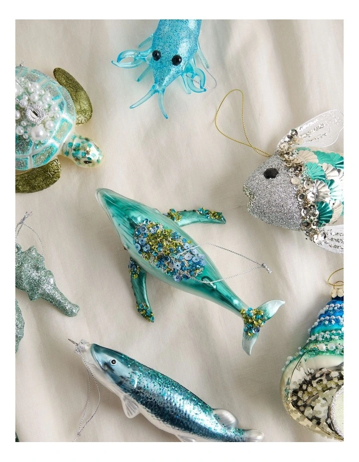 Eucalyptus Christmas Glass Whale Ornament with Sequins 5cm in Blue image 3