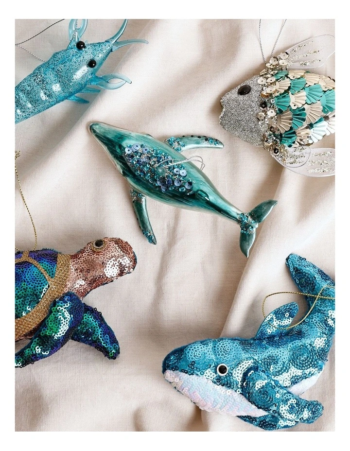 Eucalyptus Christmas Glass Whale Ornament with Sequins 5cm in Blue image 4