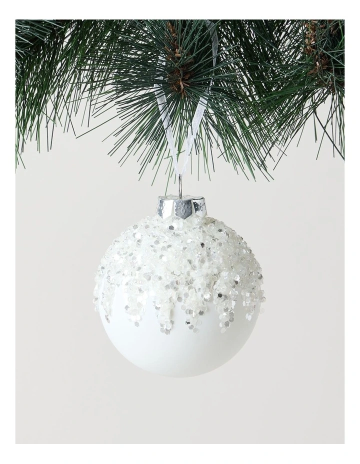 Harvest Christmas Glass Dripped Beaded Bauble Ornament 8cm in White image 1
