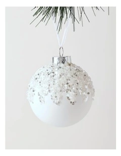 Harvest Christmas Glass Dripped Beaded Bauble Ornament 8cm in White