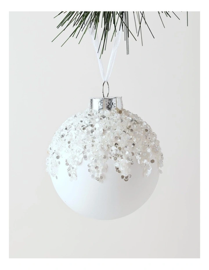 Harvest Christmas Glass Dripped Beaded Bauble Ornament 8cm in White image 1