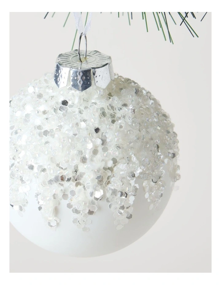Harvest Christmas Glass Dripped Beaded Bauble Ornament 8cm in White image 2