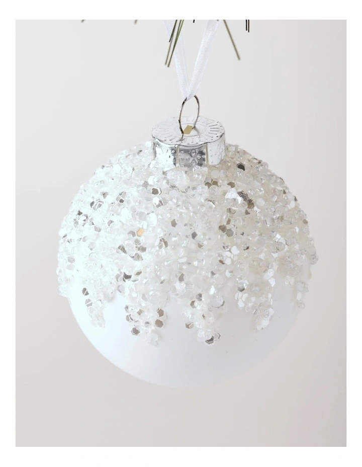 Harvest Christmas Glass Dripped Beaded Bauble Ornament 8cm in White image 2