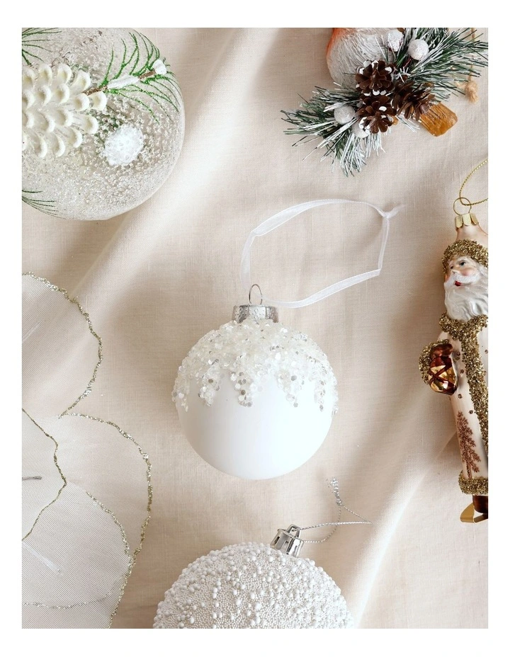 Harvest Christmas Glass Dripped Beaded Bauble Ornament 8cm in White image 3