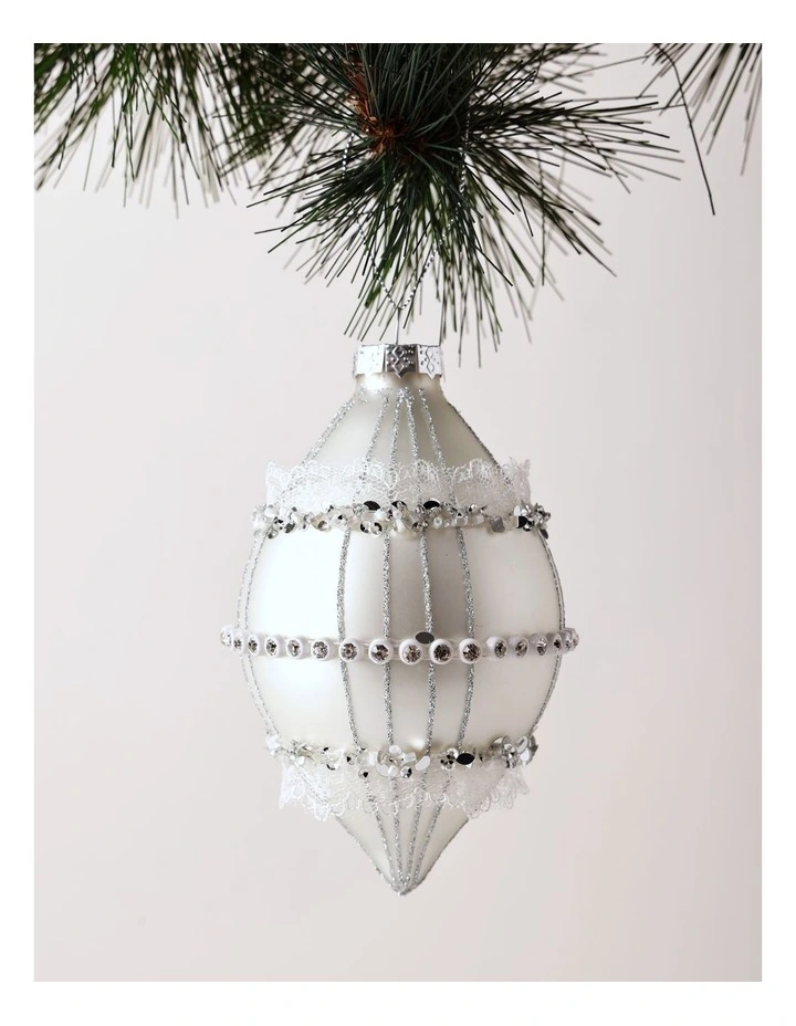 Luxe Christmas Glass White Silver Ombre Bauble Finial Ornament 14.5cm in White image 1