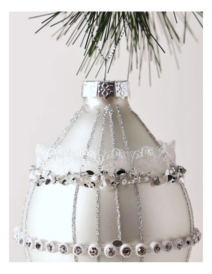 Luxe Christmas Glass White Silver Ombre Bauble Finial Ornament 14.5cm in White image 2