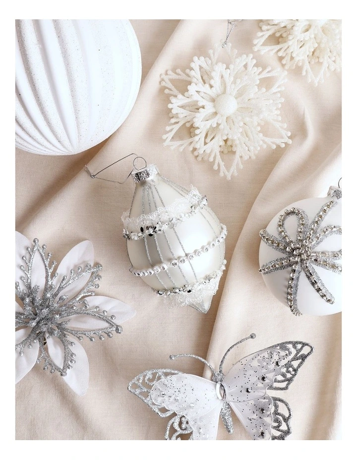 Luxe Christmas Glass White Silver Ombre Bauble Finial Ornament 14.5cm in White image 3